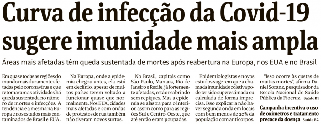Manchete de primeira página da Folha: Curva de infecção da Covid-19 sugere imunidade mais ampla"