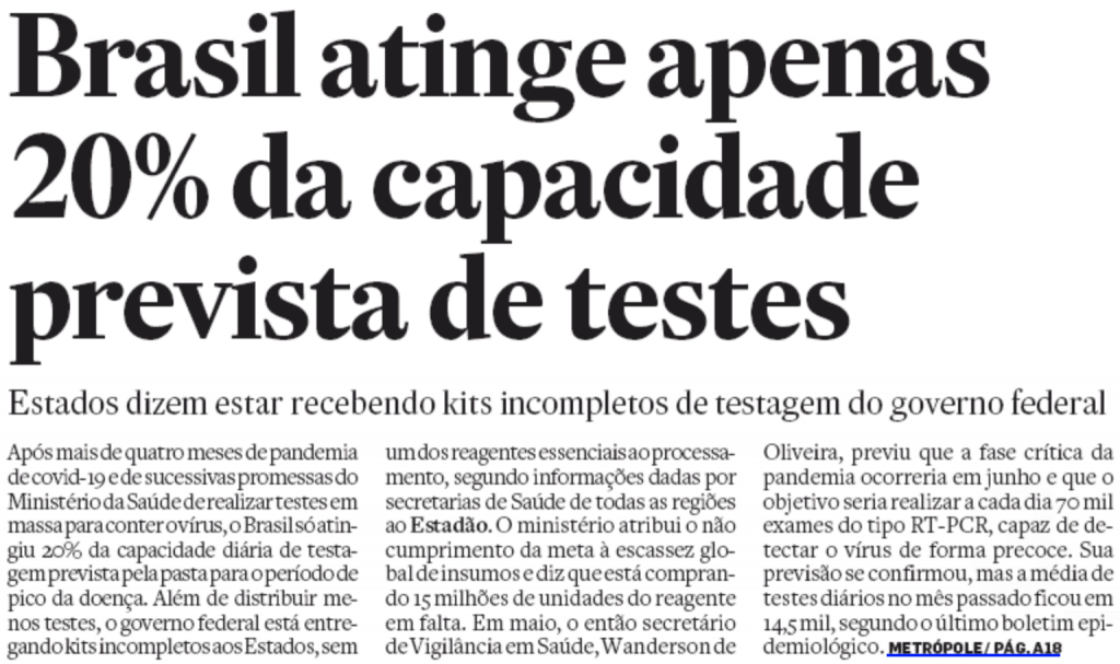 Estadão: "Brasil atinge apenas 20% da capacidade de testes"