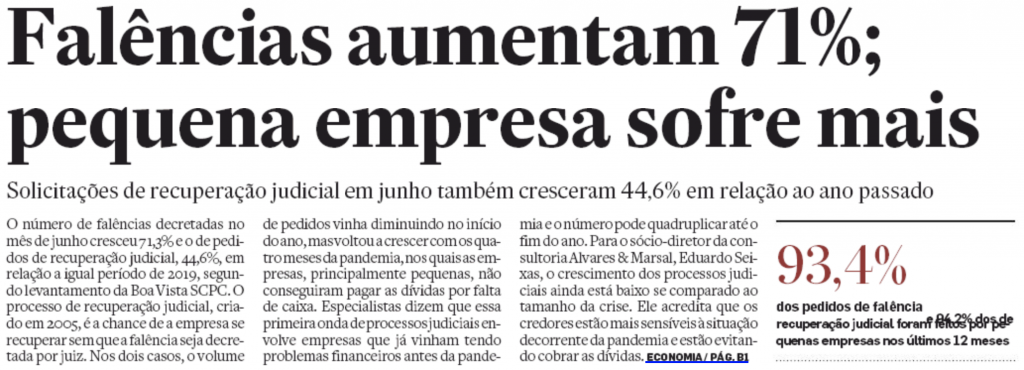 Manchete de primeira página do Estadão: "Falências aumentam 71%; pequena empresa sofre mais"