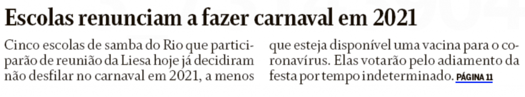 Escolas de samba renunciam a fazer carnaval em 2021