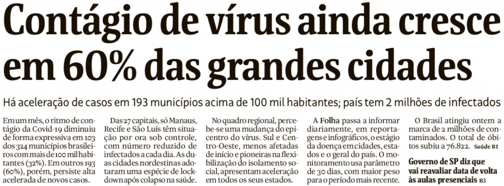 Folha: "Contágio de vírus ainda cresce em 60% das grandes cidades"