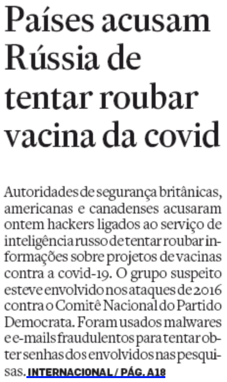 Países acusam Rússia de tentar roubar vacina da Covid
