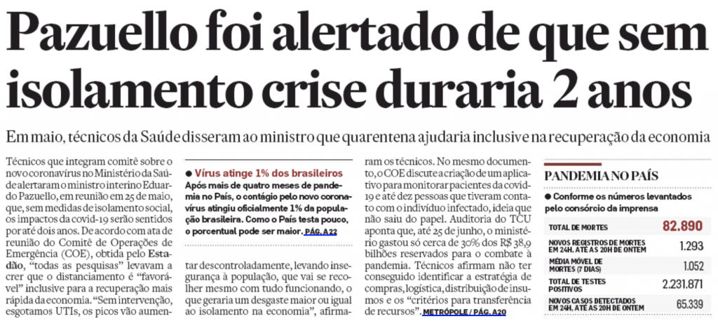 Manchete de primeira página do Estadão: "Pazuello foi alertado de que sem isolamento crise duraria 2 anos"
