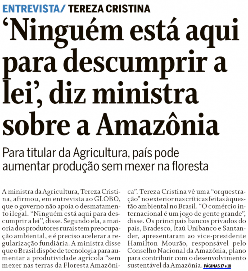 O Globo: "Ninguém está aqui para descumprir a lei", diz ministra sobre a Amazônia"