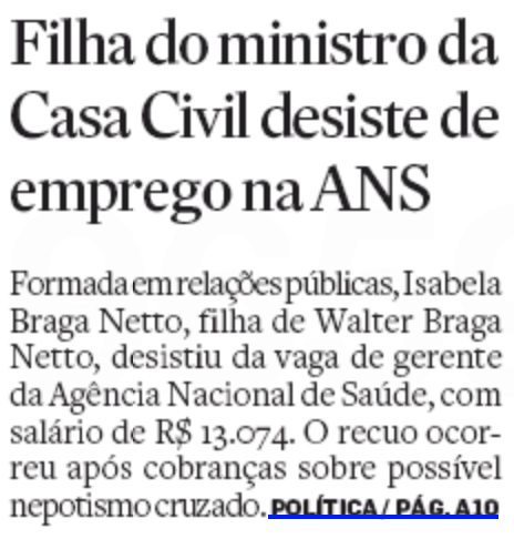Filha de ministro da Casa Civil desiste de emprego na ANS