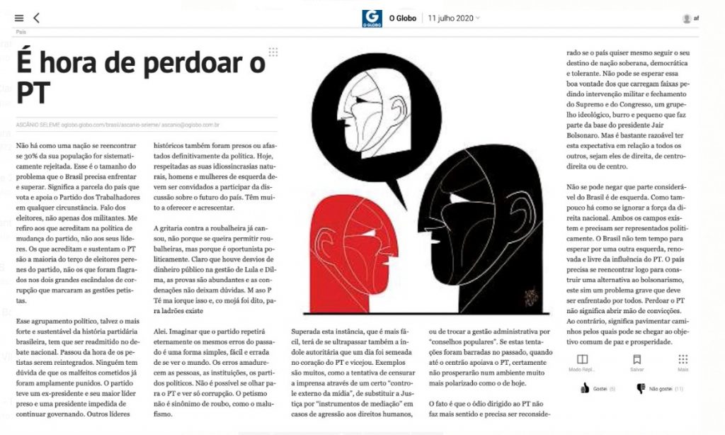 O colunista Ascânio Seleme, em sua coluna semanal no jornal O Globo, afirma que é hora de perdoar o PT. Aí tem.